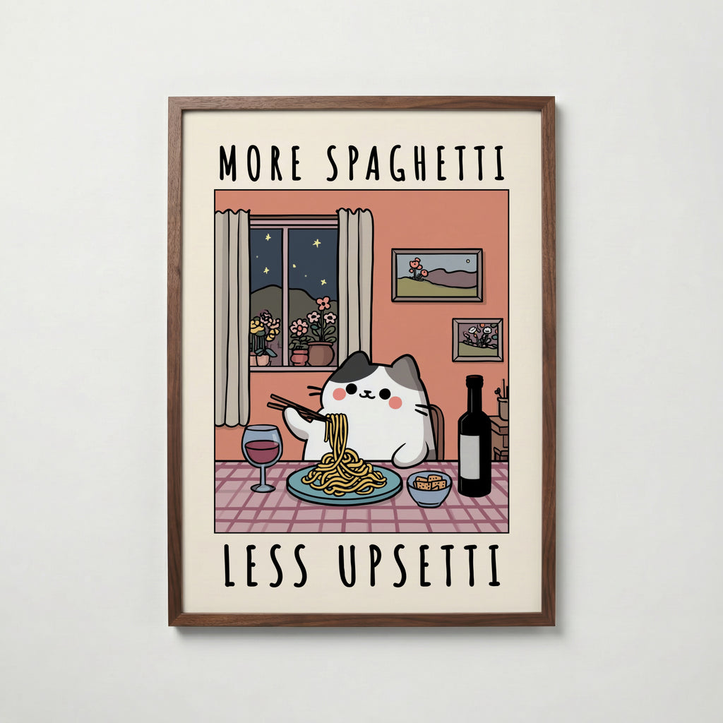 Spaghetti Comfort Cat Poster – köp affisch till hemmet – Bozetto väggdekoration
