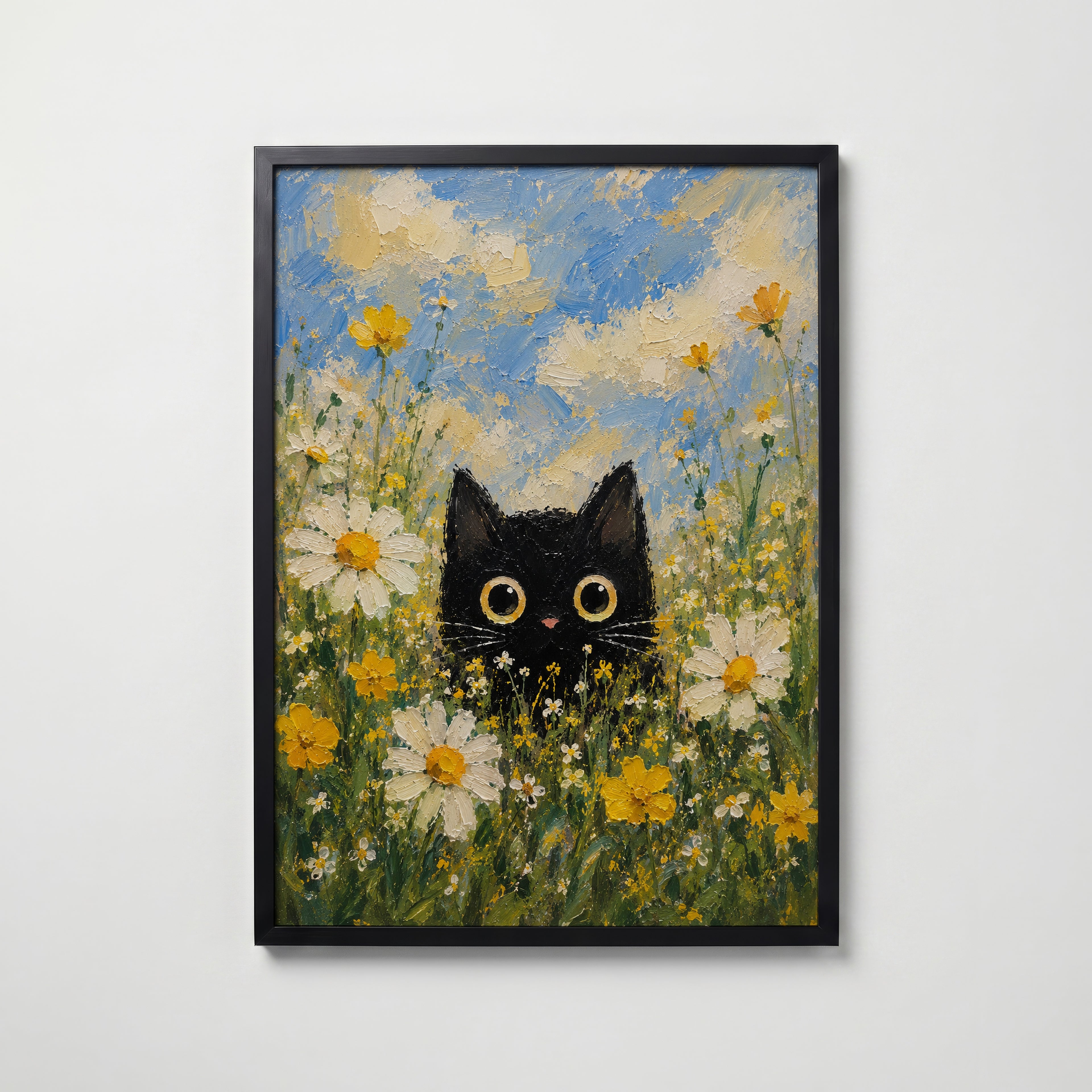Summer Cat Poster – svart katt bland sommarblommor i svart ram, tryckt i Sverige