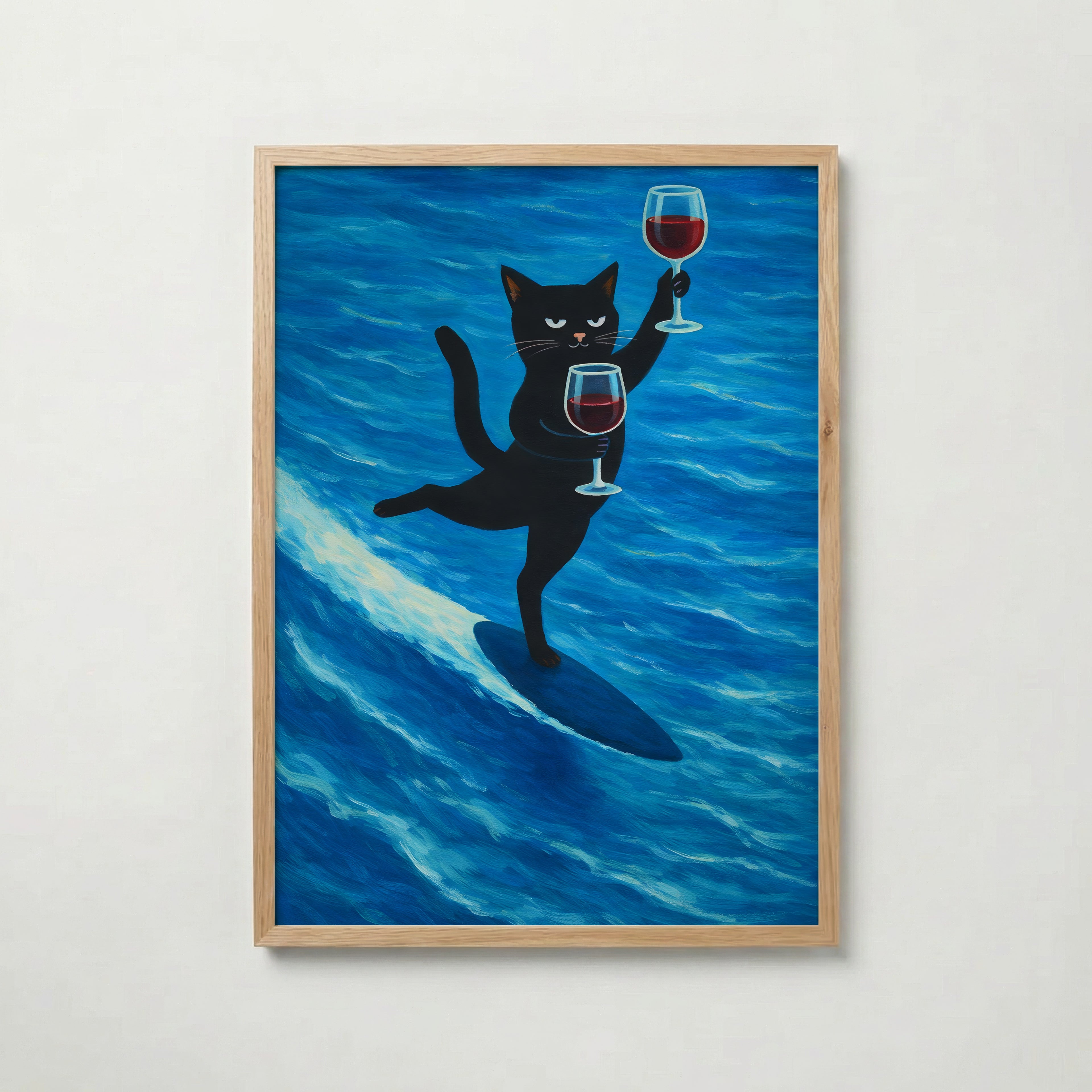 Surfing Wine Cat – affisch med snyggt motiv, köp enkelt hos Bozetto i flera storlekar