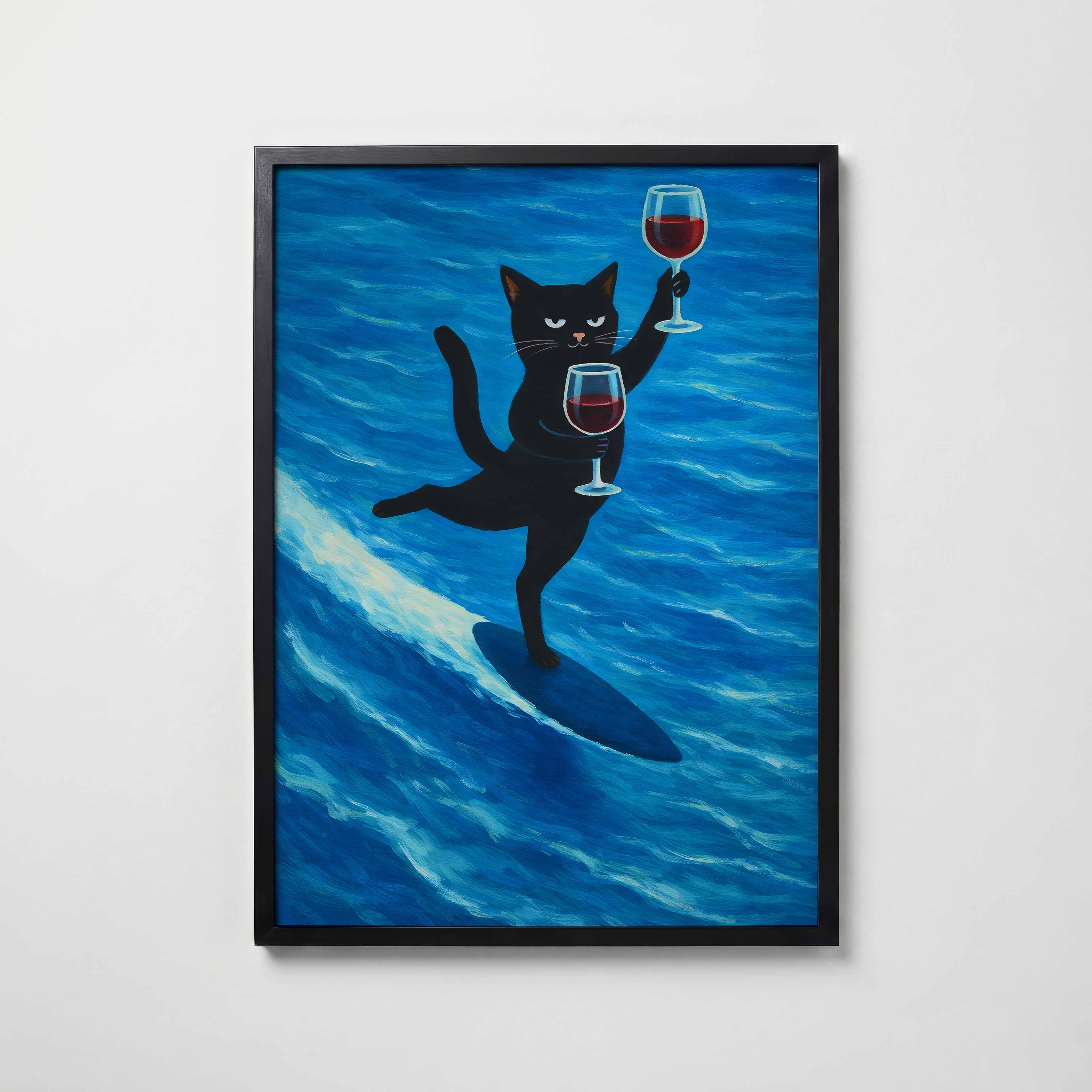 Surfing Wine Cat – köp enkelt hos Bozetto konsttryck i hög kvalitet i hög kvalitet