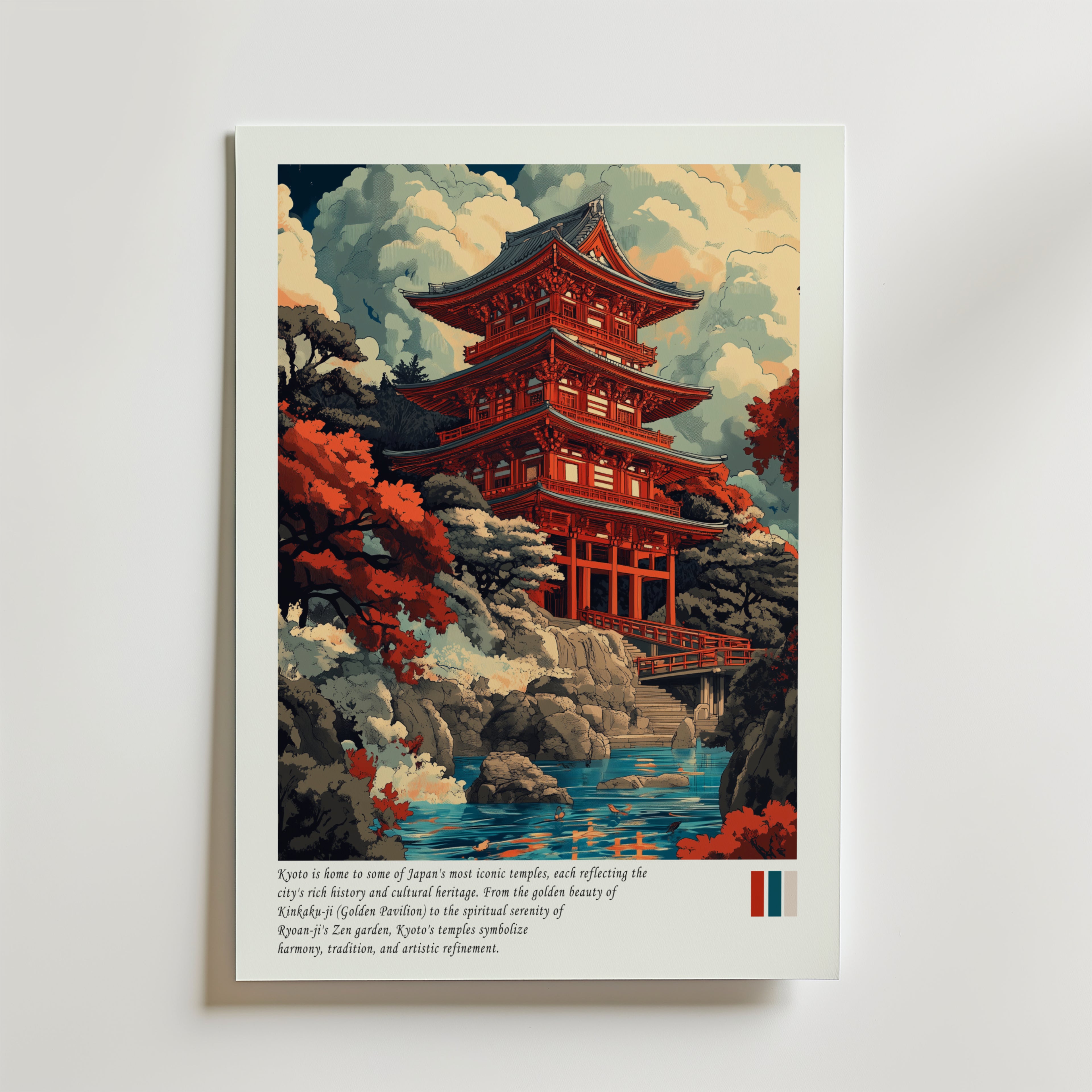 Tranquil Kyoto Temple Poster – En stillsam hyllning till Japans tempelarkitektur i harmoniska höstfärger.