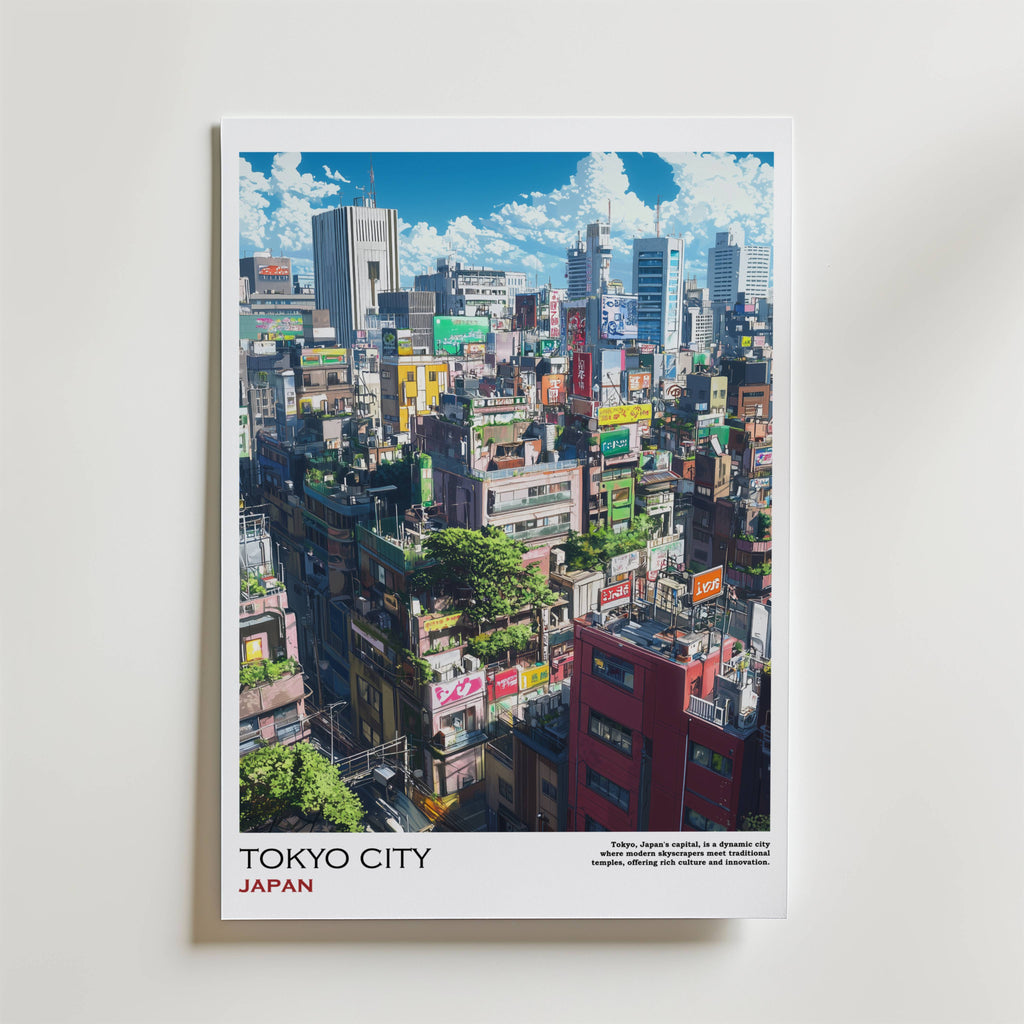 Bozetto Tokyo City Japan Poster visar en levande stadsbild med tätt packade byggnader, livliga skyltar, grönska på taken och en ljusblå himmel med moln över stadens silhuett.