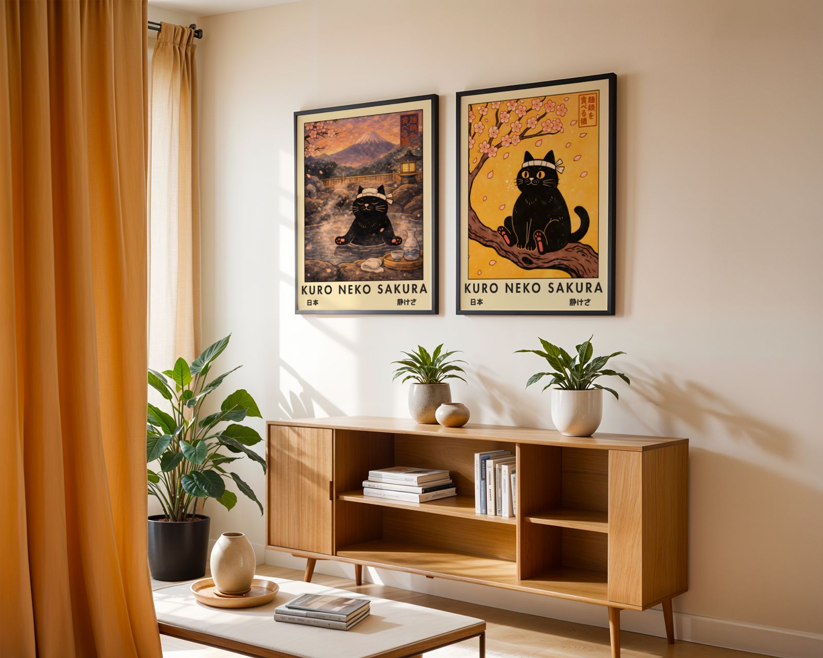 Bundle 2-pack Kuro Neko Sakura Duo – Det ena motivet visar den svarta katten i ett rofyllt landskap med berg och körsbärsblom