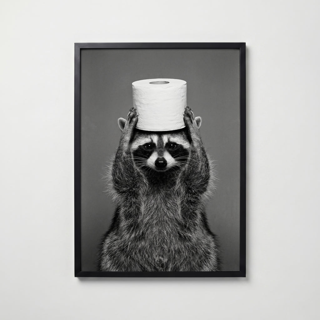 Bathroom Raccoon Poster – svart ram