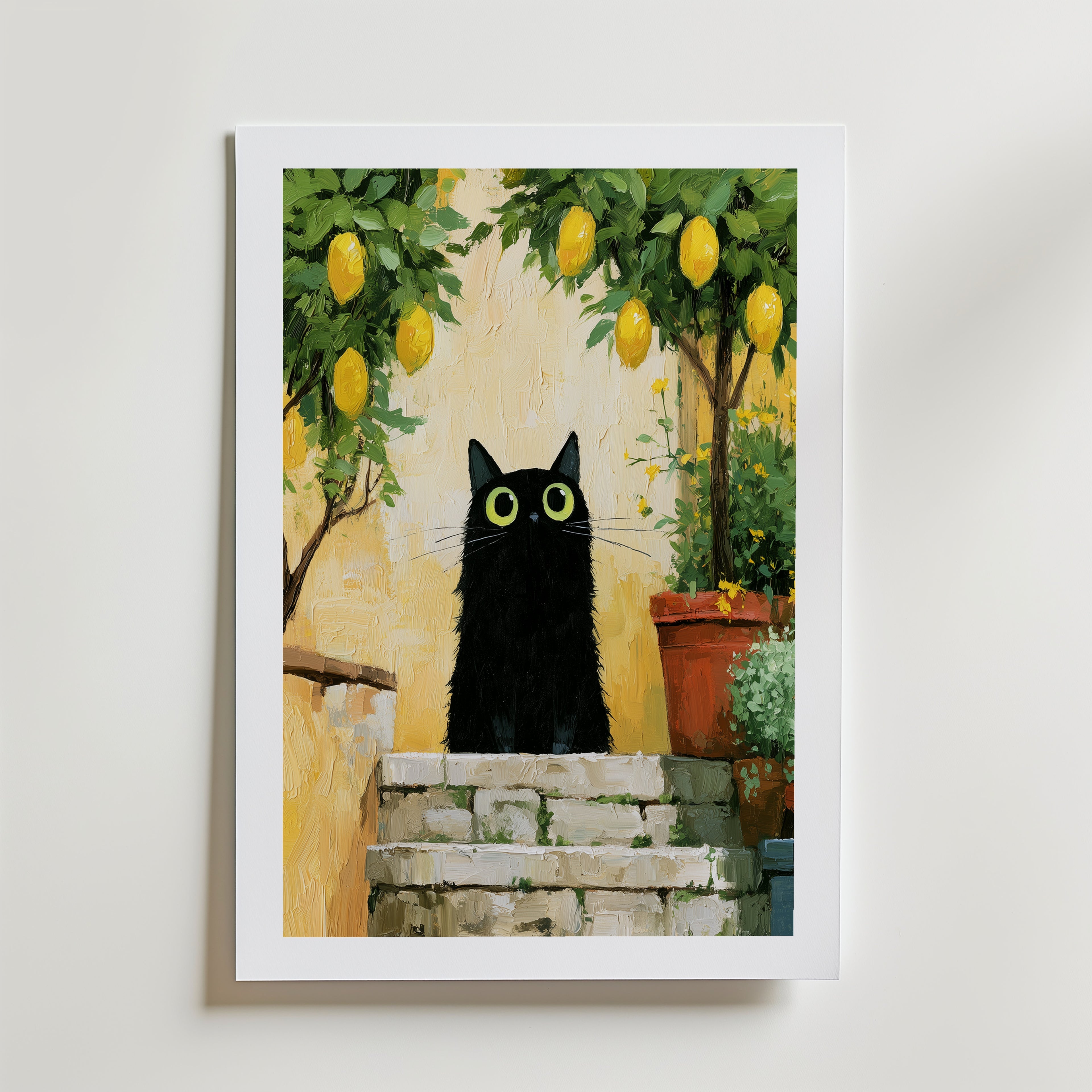 Cat in Lemon Garden Poster – med passepartout