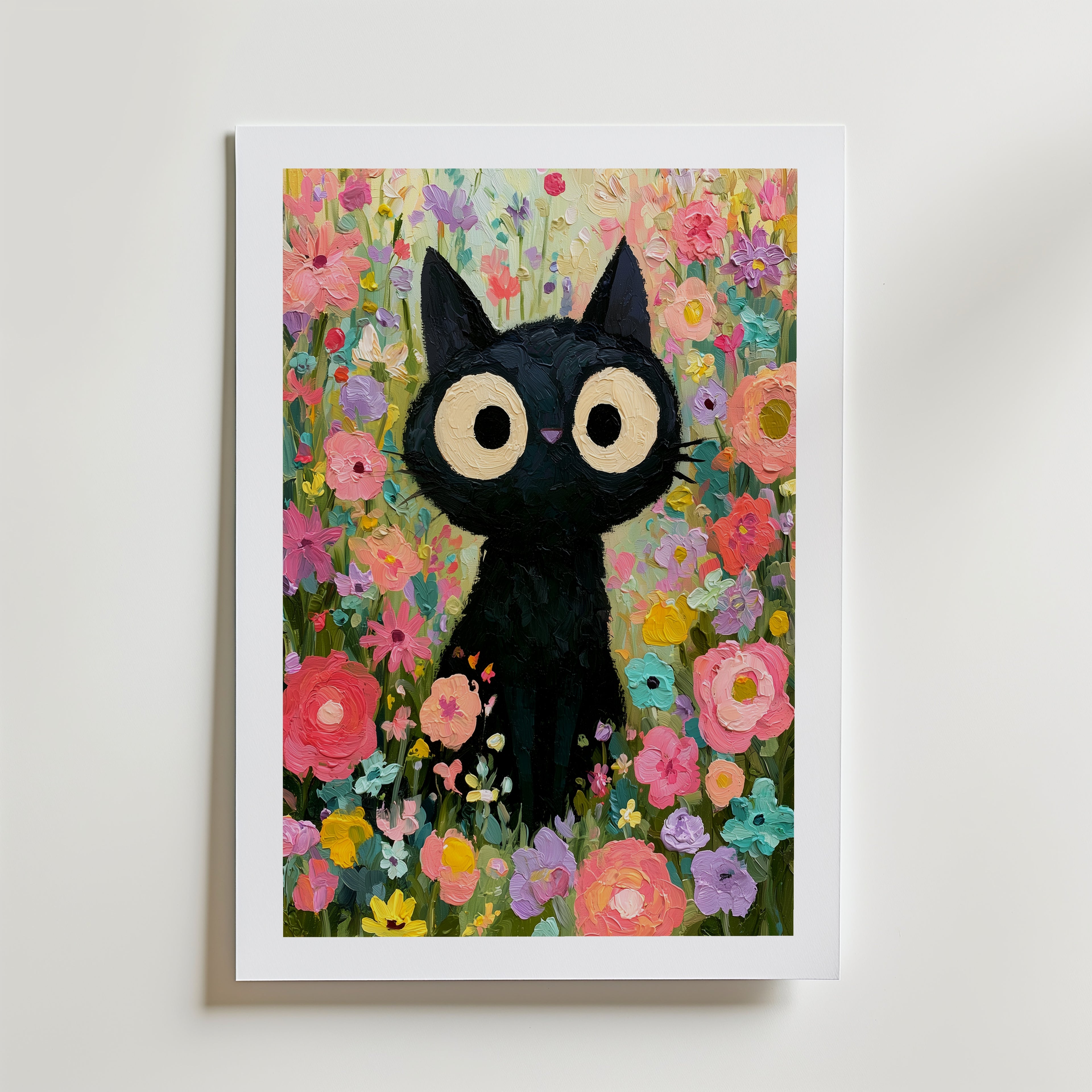 Colorful Cat in Bloom Poster – med passepartout