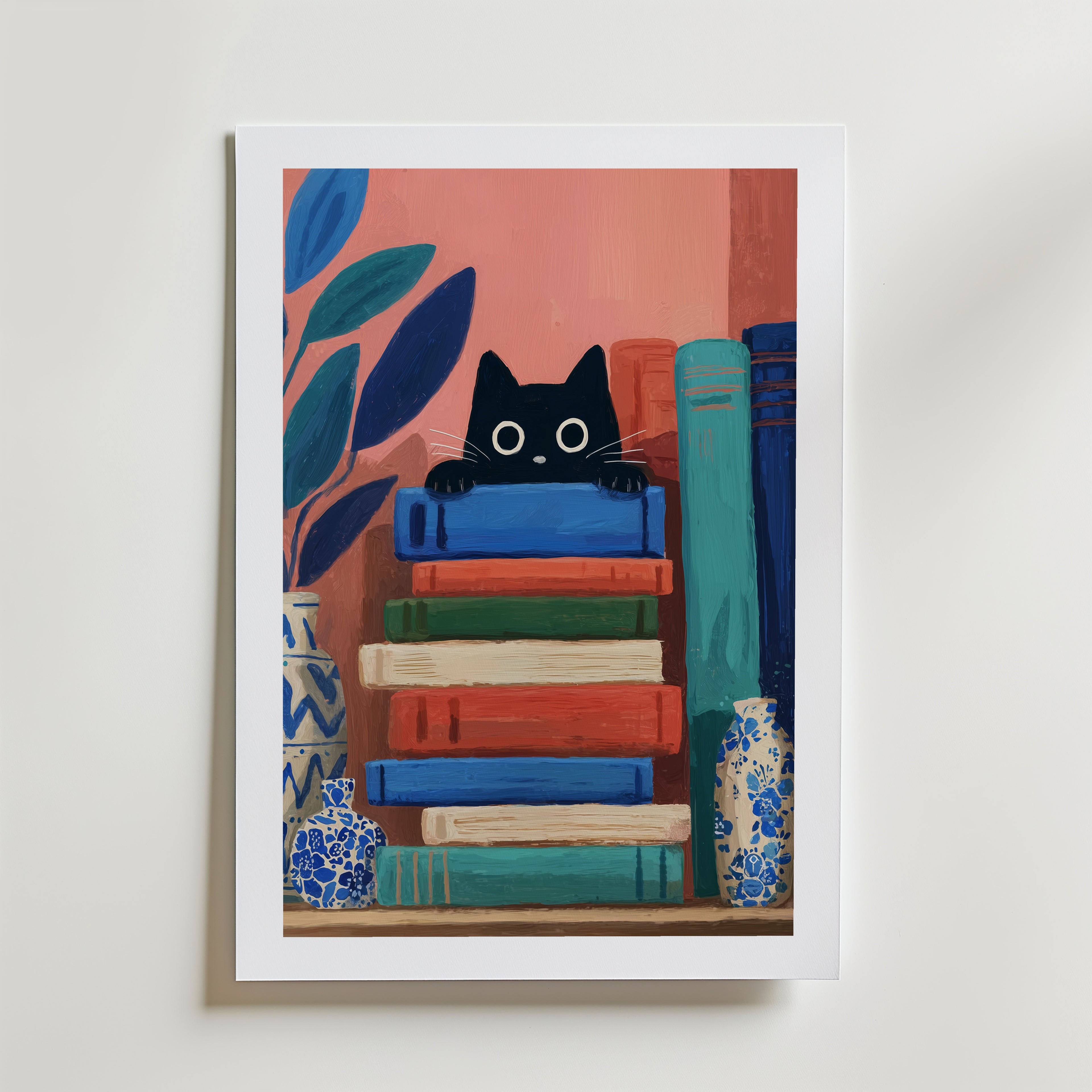 Curious Book Cat Poster – med passepartout