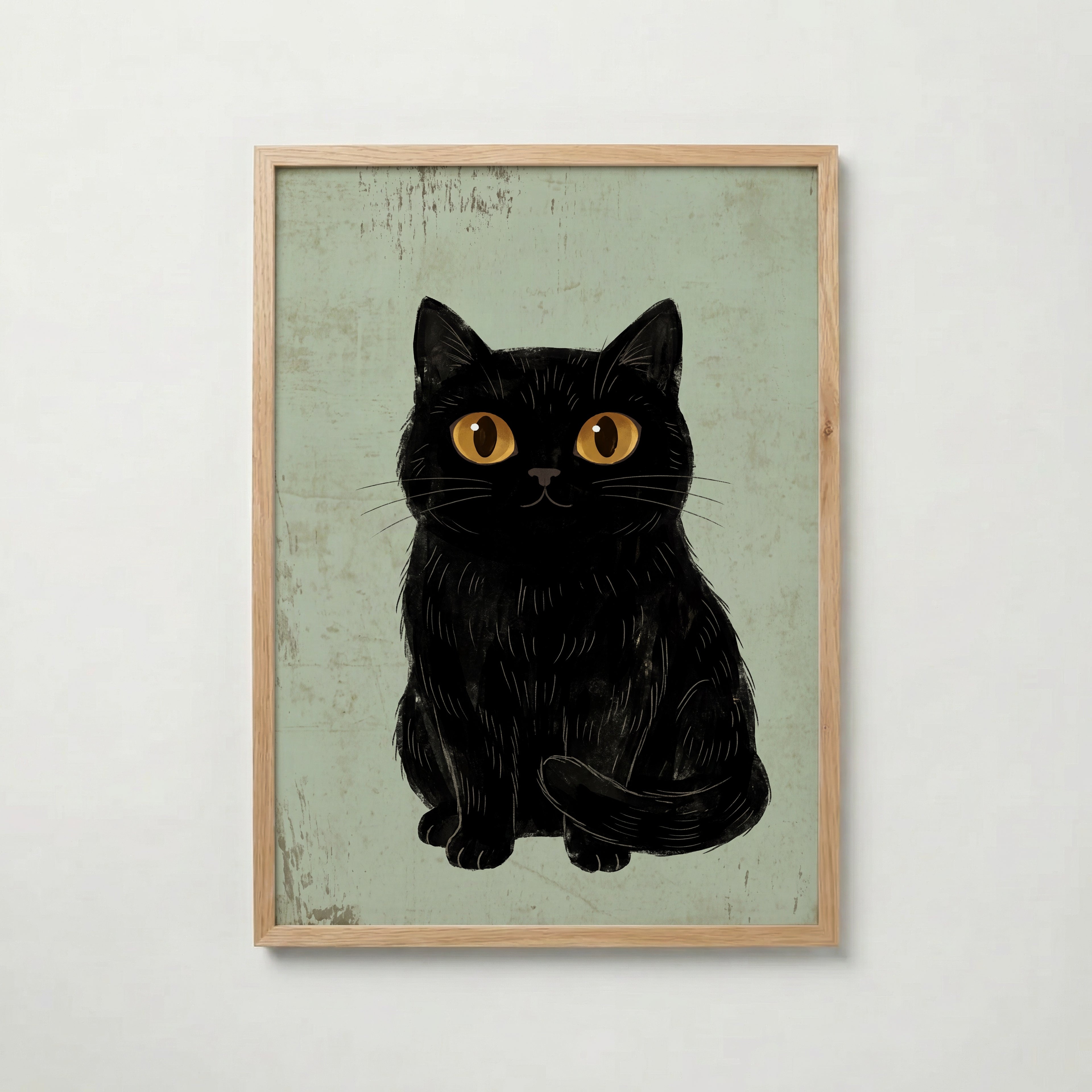 Curious Cat Poster, naivistisk svart katt med stora gula ögon i ekram, tryckt i Sverige av Bozetto
