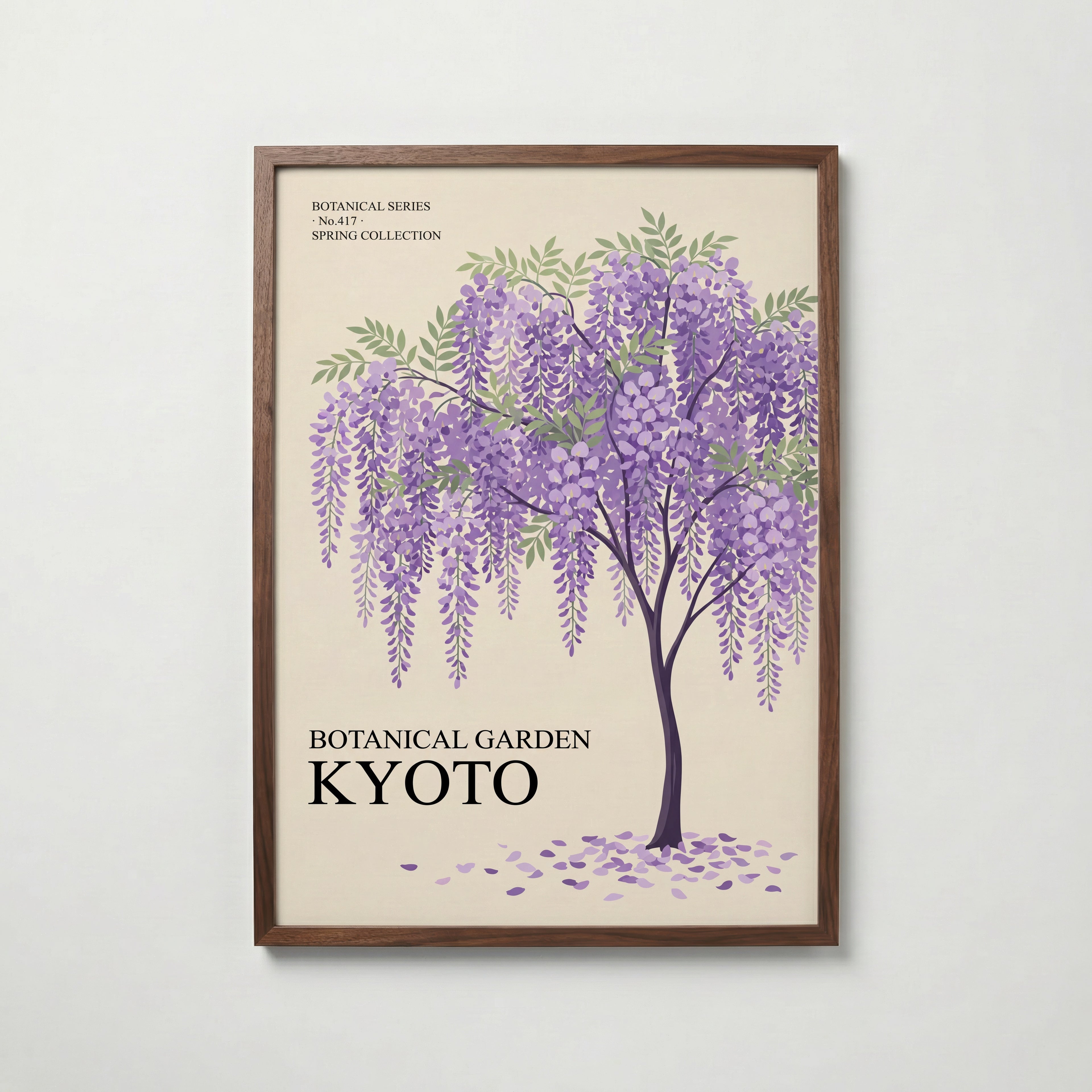 Botanical Garden Kyoto i valnötsram, lila blåregn på creme, konst från Bozetto