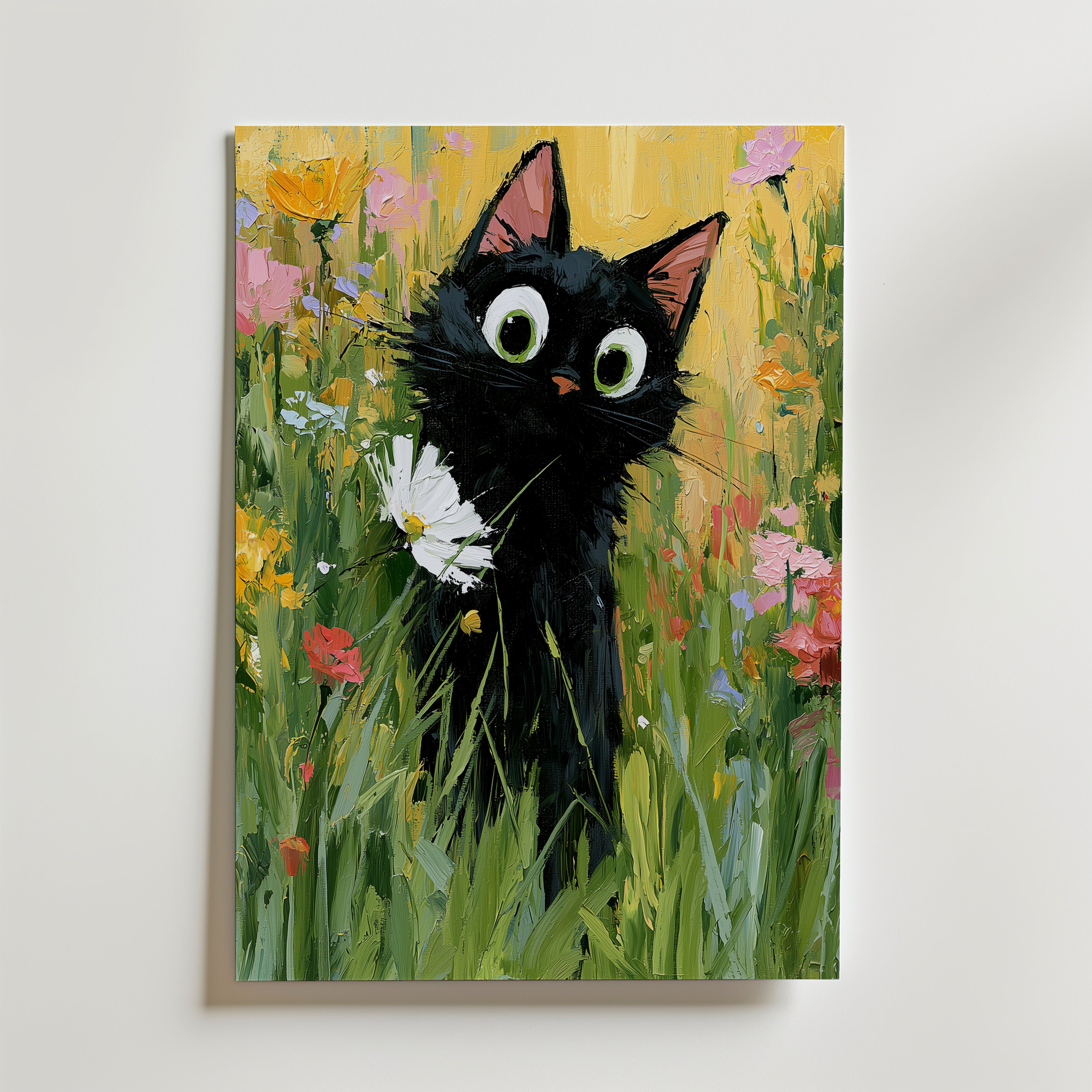 Garden Cat with White Flower Poster, svart katt med vit blomma i sommarang, konsttryck fran Bozetto