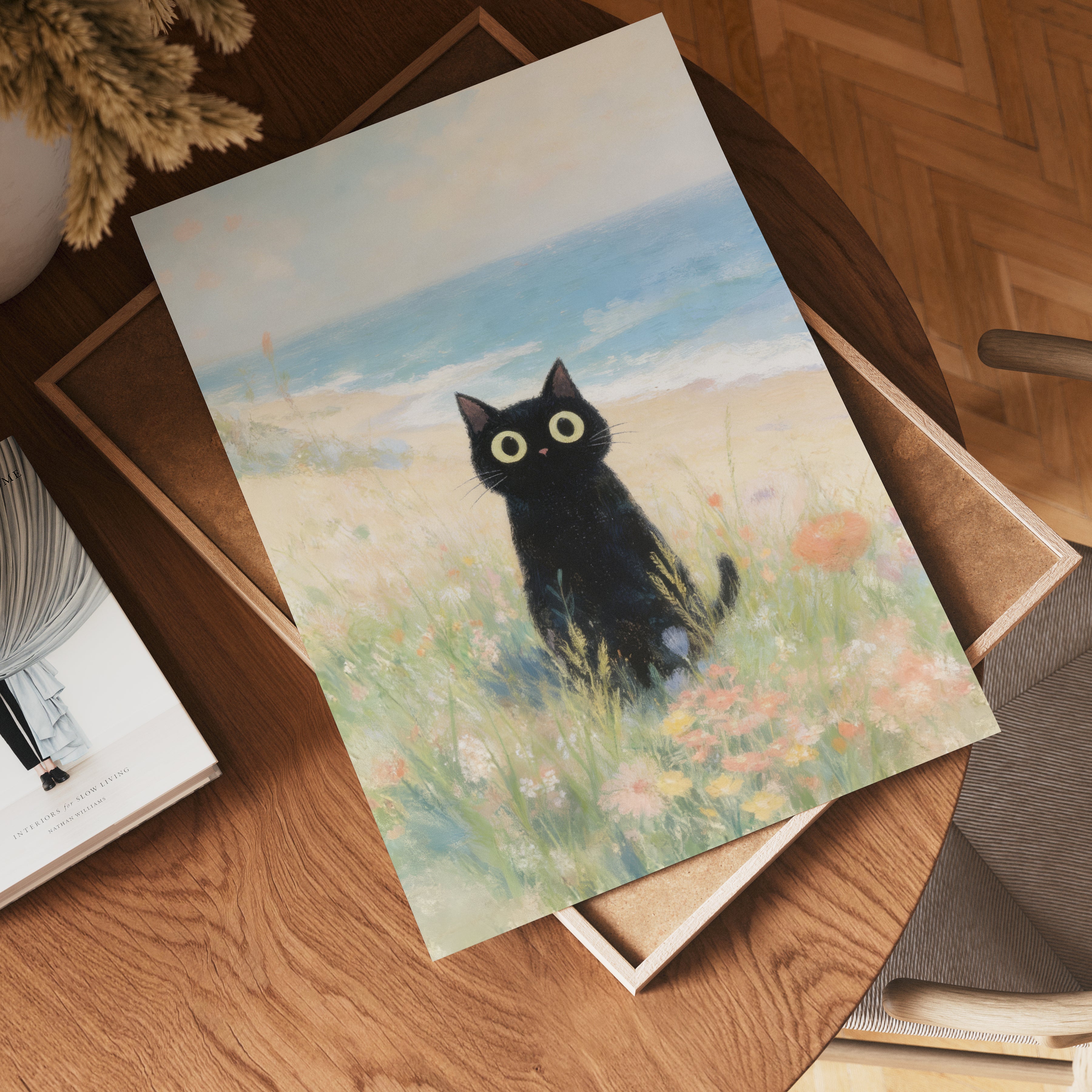 Seaside Meadow Cat affisch på vit bakgrund – köp enkelt hos Bozetto i hög kvalitet