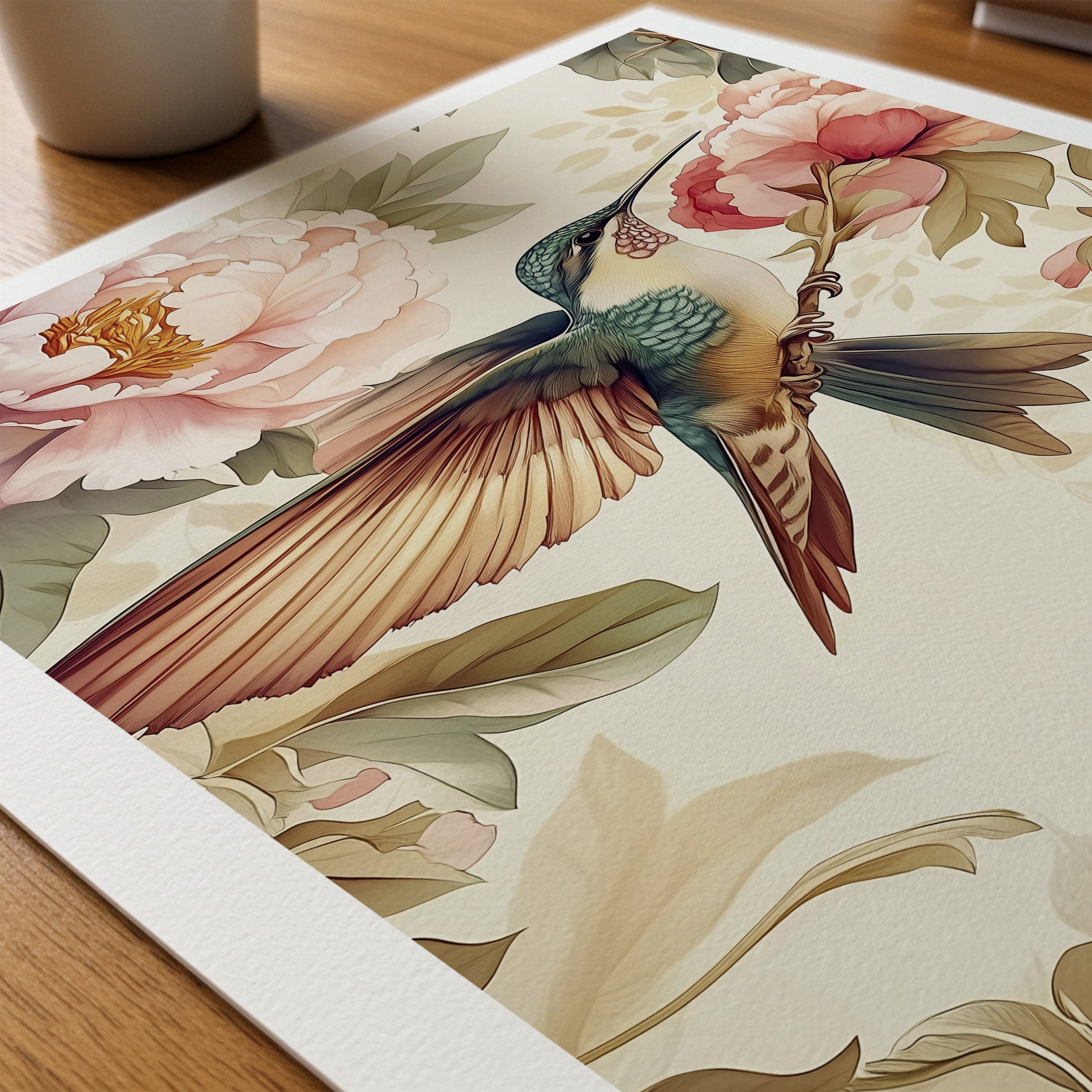 The Hummingbird Garden William Morris poster liggande på skrivbord – Bozetto paper on desk i hög tryckkvalitet
