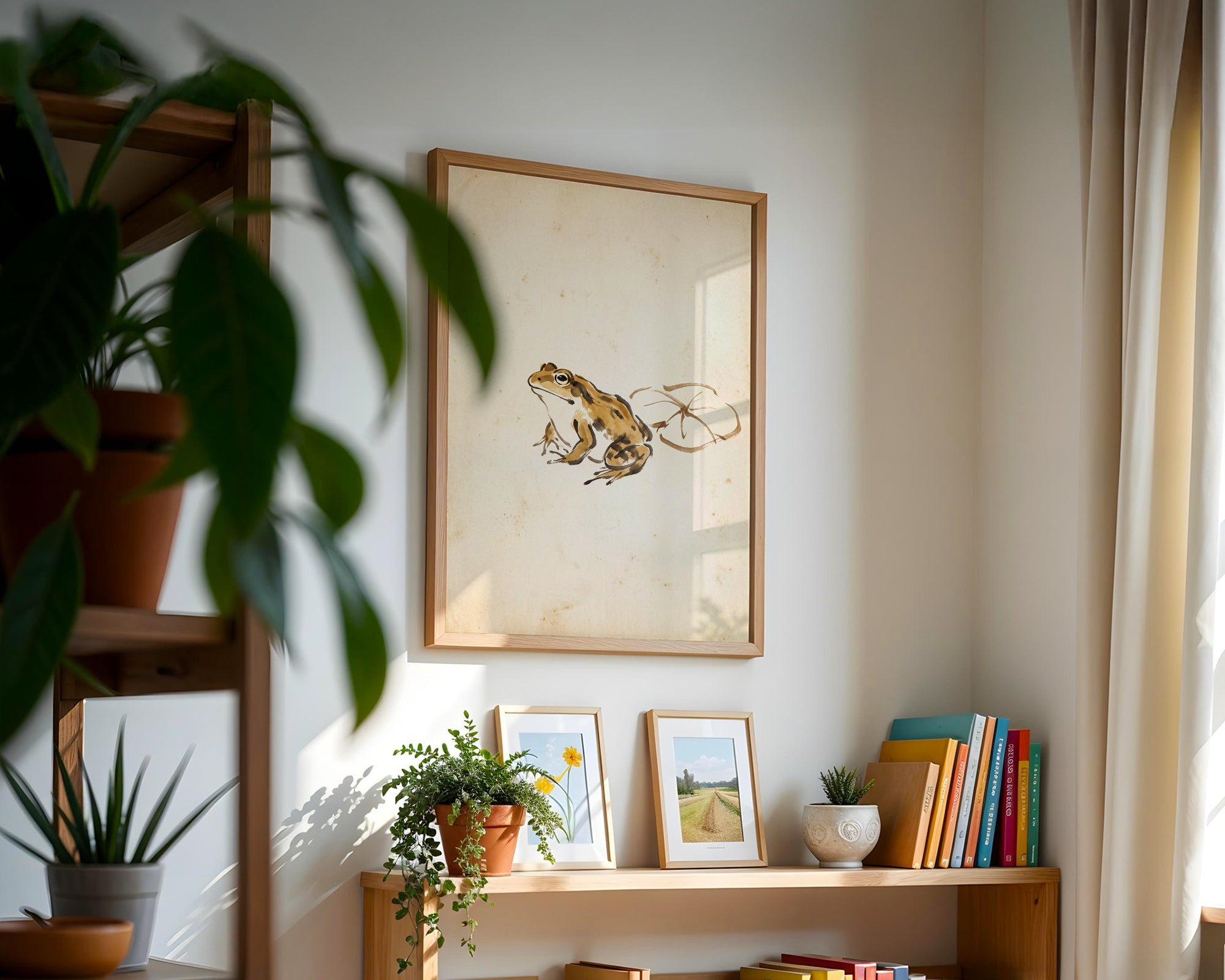 Ochre Zen Pond Poster i inramat hörn med fönsterljus och växter