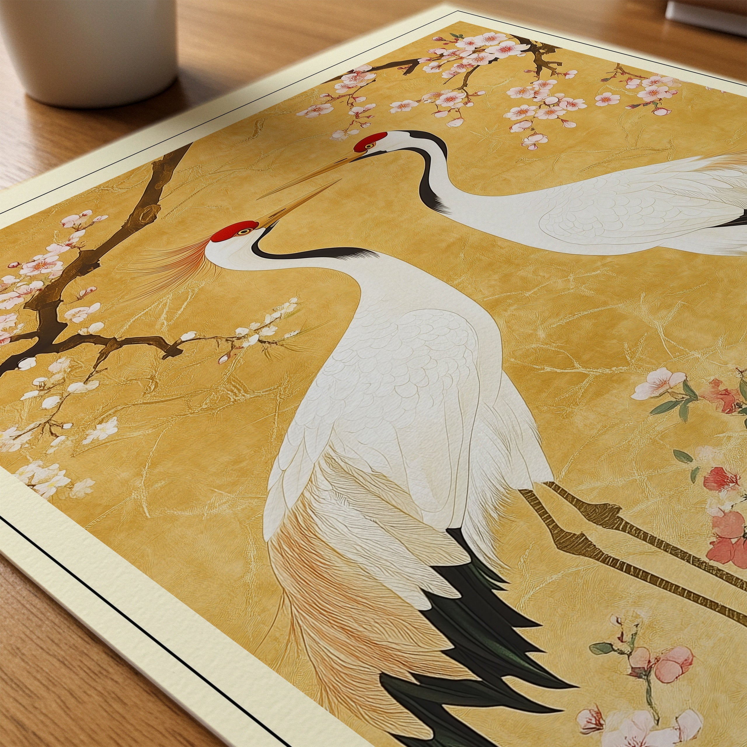Oriental Crane Garden poster på skrivbord, paper_desk – Bozetto