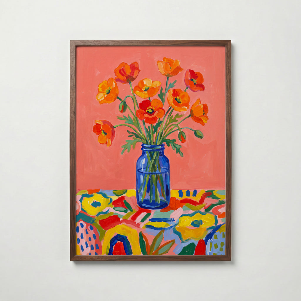 Poppies in Blue Poster – valnötsram