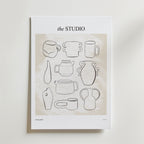 Vessels And Vision Poster by Bozetto visar minimalistisk line art av abstrakta keramiska vaser och muggar, elegant arrangerade på en texturerad neutral bakgrund.