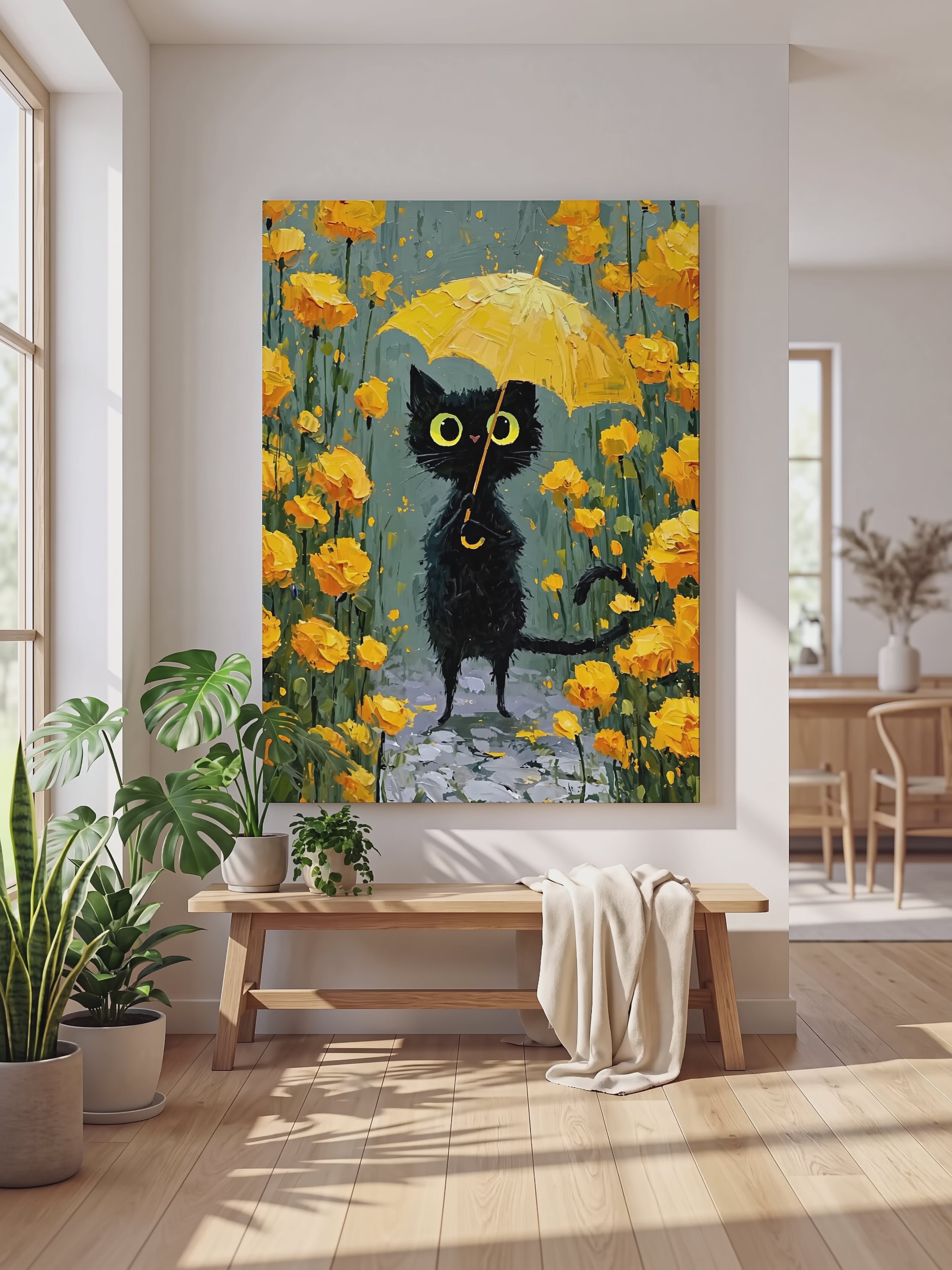 Umbrella Cat in Yellow Garden Poster
