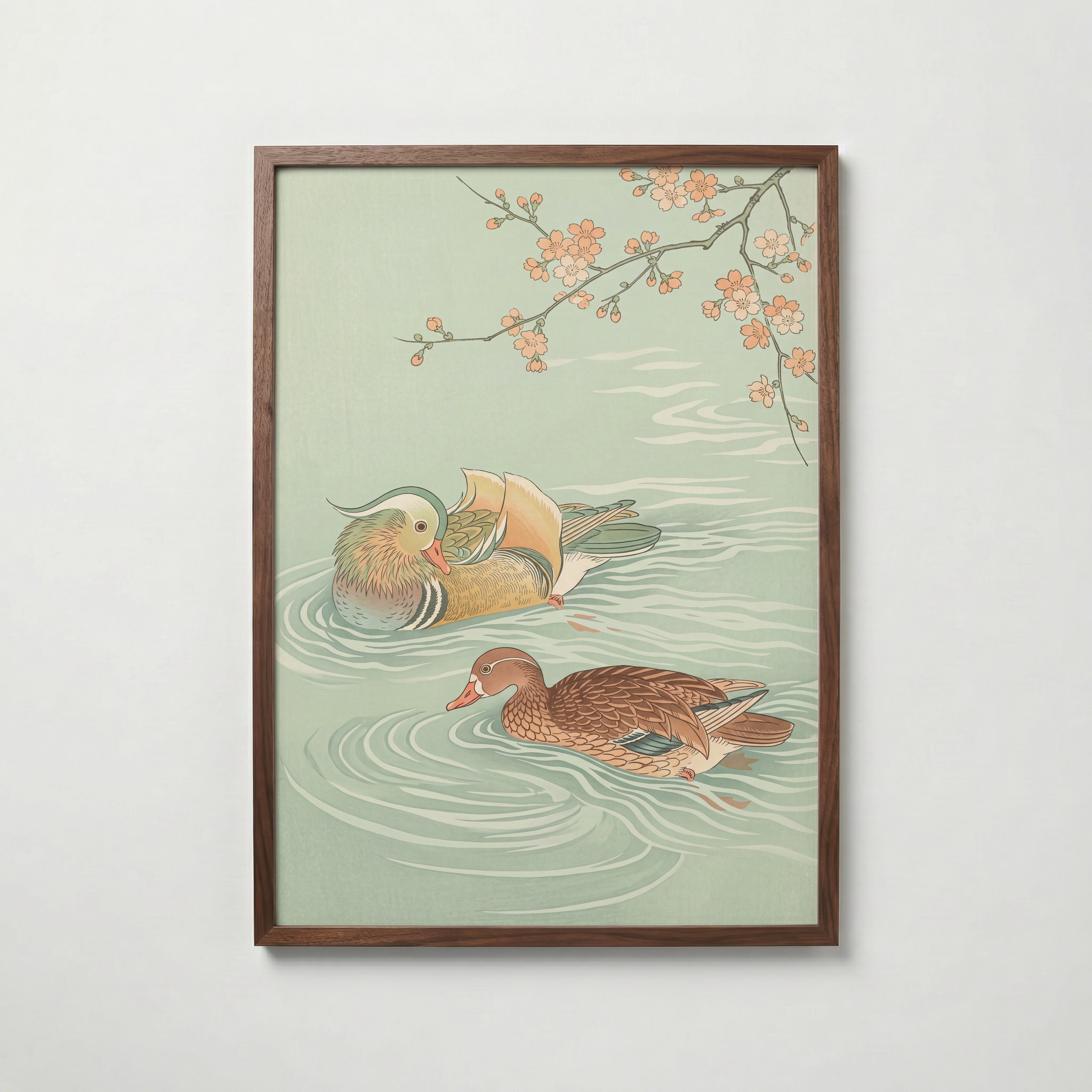 Spring Waters Poster – japanskt träsnitt med två mandarinänder och blommande gren i celadon och persika i valnötsram, fri frakt över 499 kr