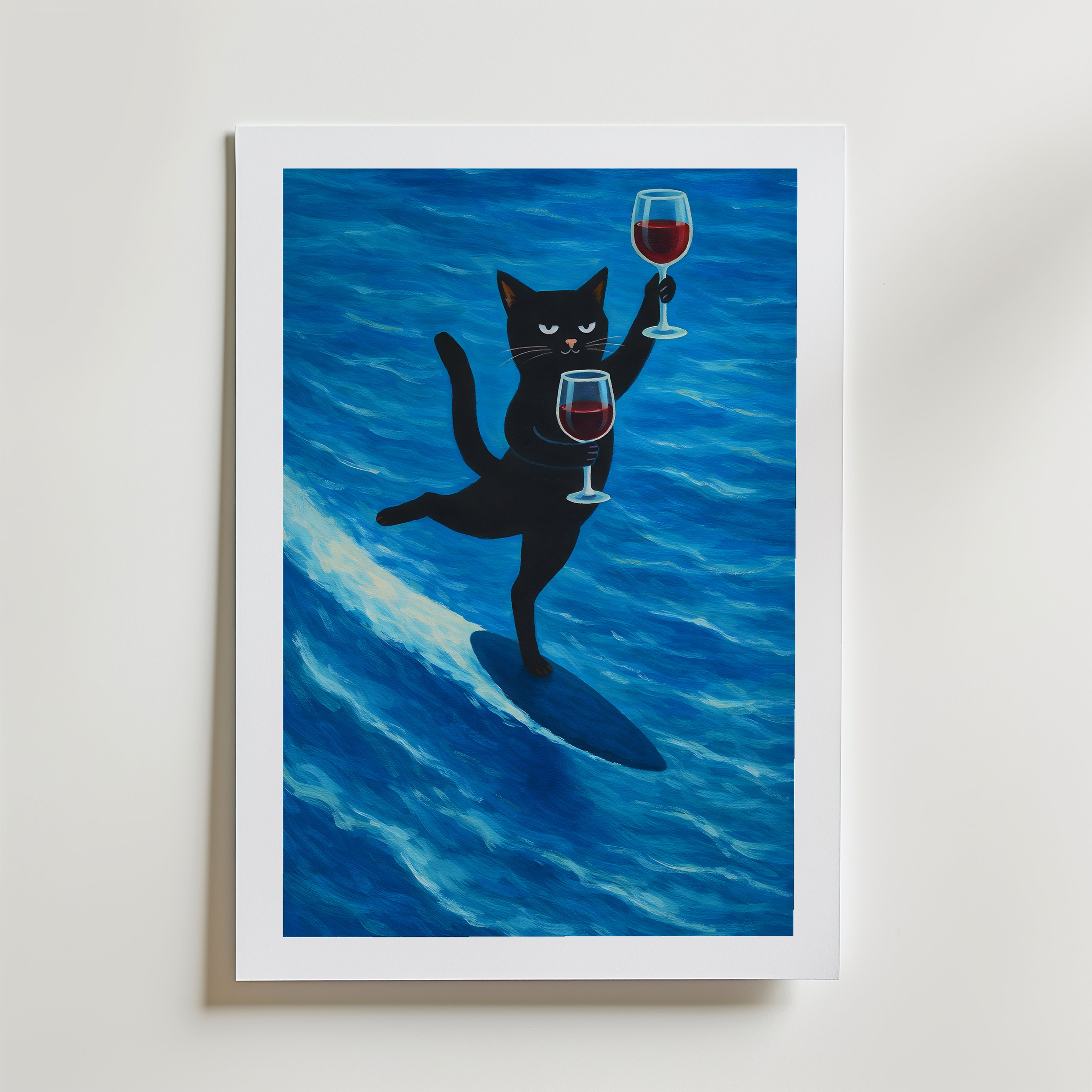 Surfing Wine Cat Poster – med passepartout