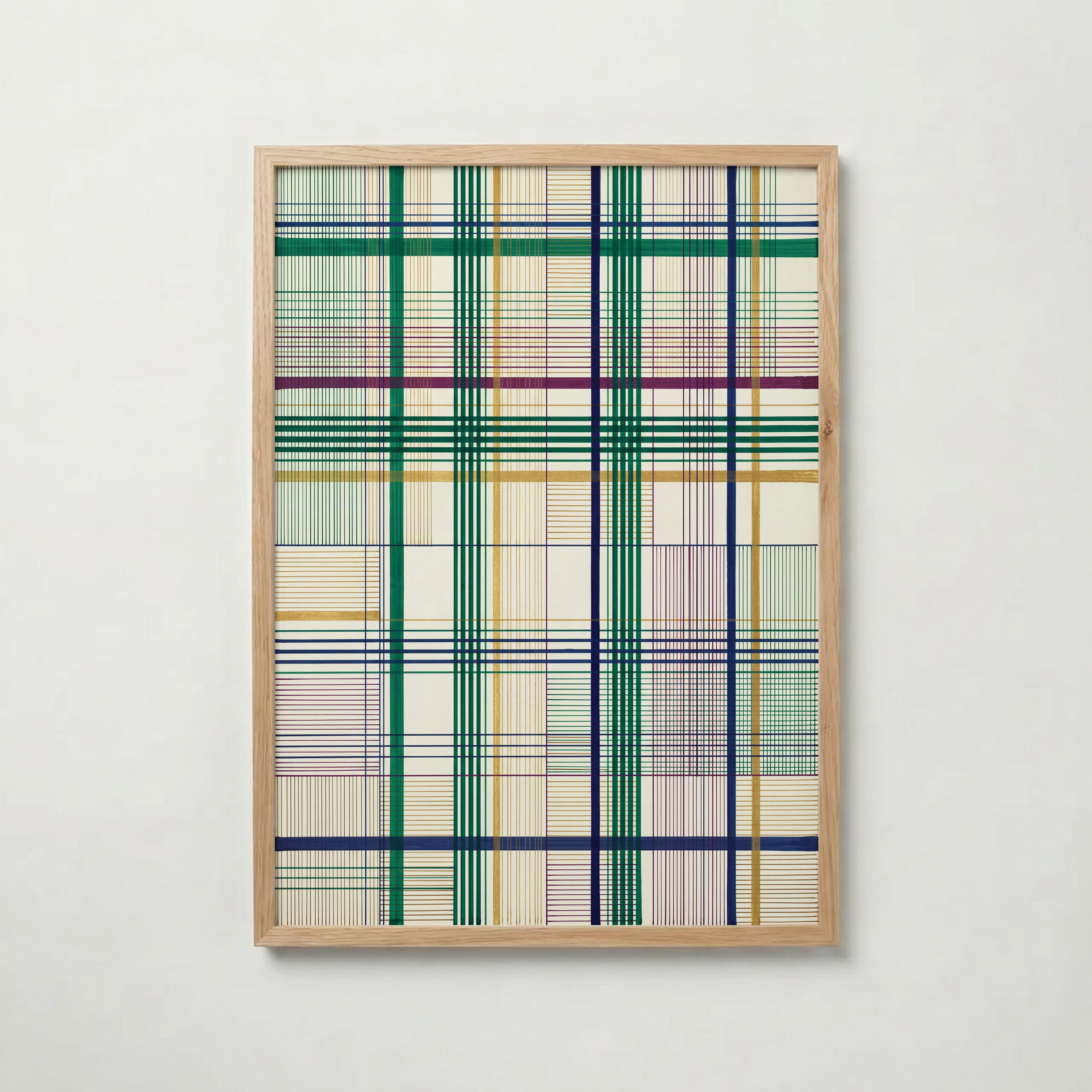 Threaded Grid Poster – fint linjerutnät i smaragd, marinblått, plommon och guld på elfenben i ekram, tryckt i Sverige