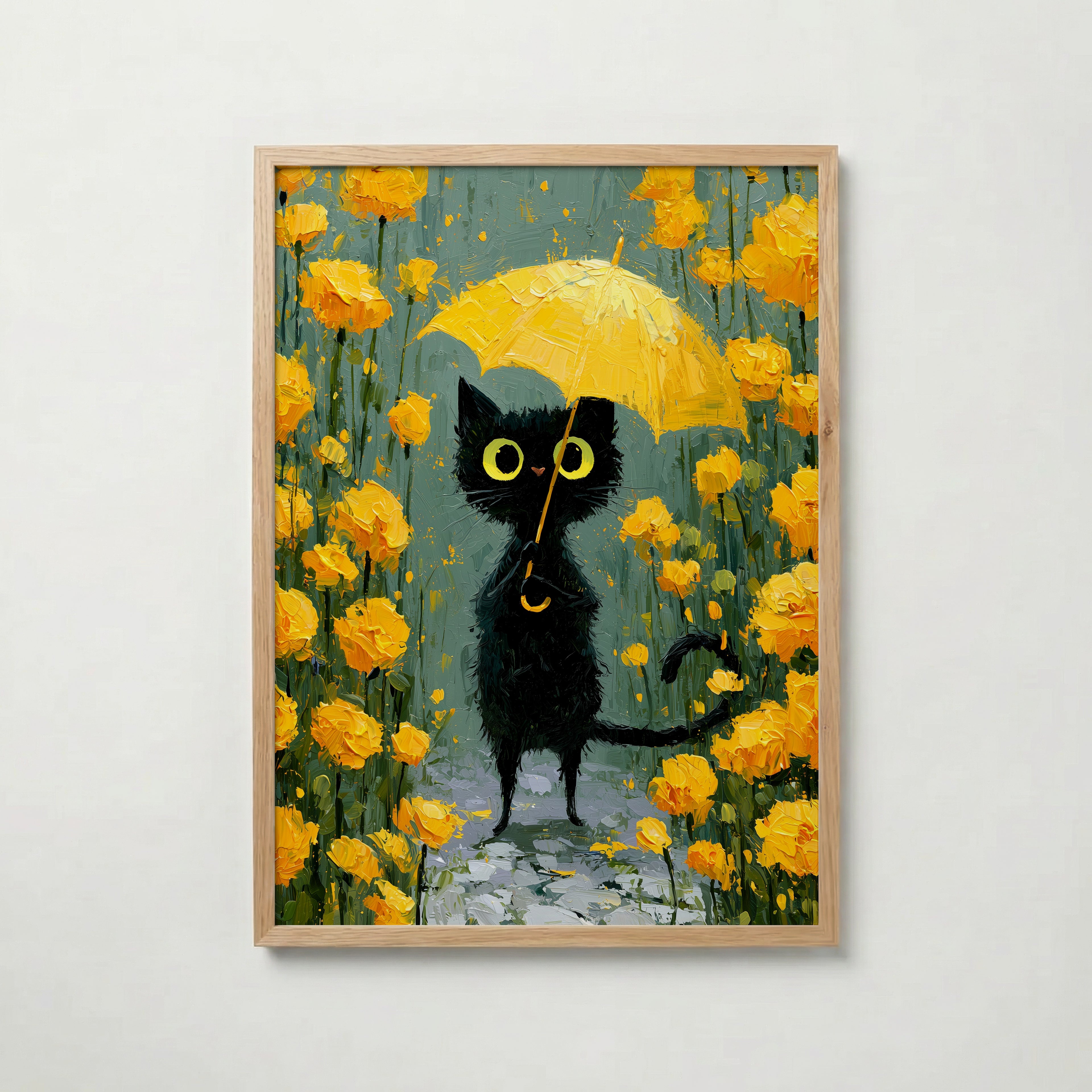 Umbrella Cat in Yellow Garden Poster i ek-ram fran Bozetto