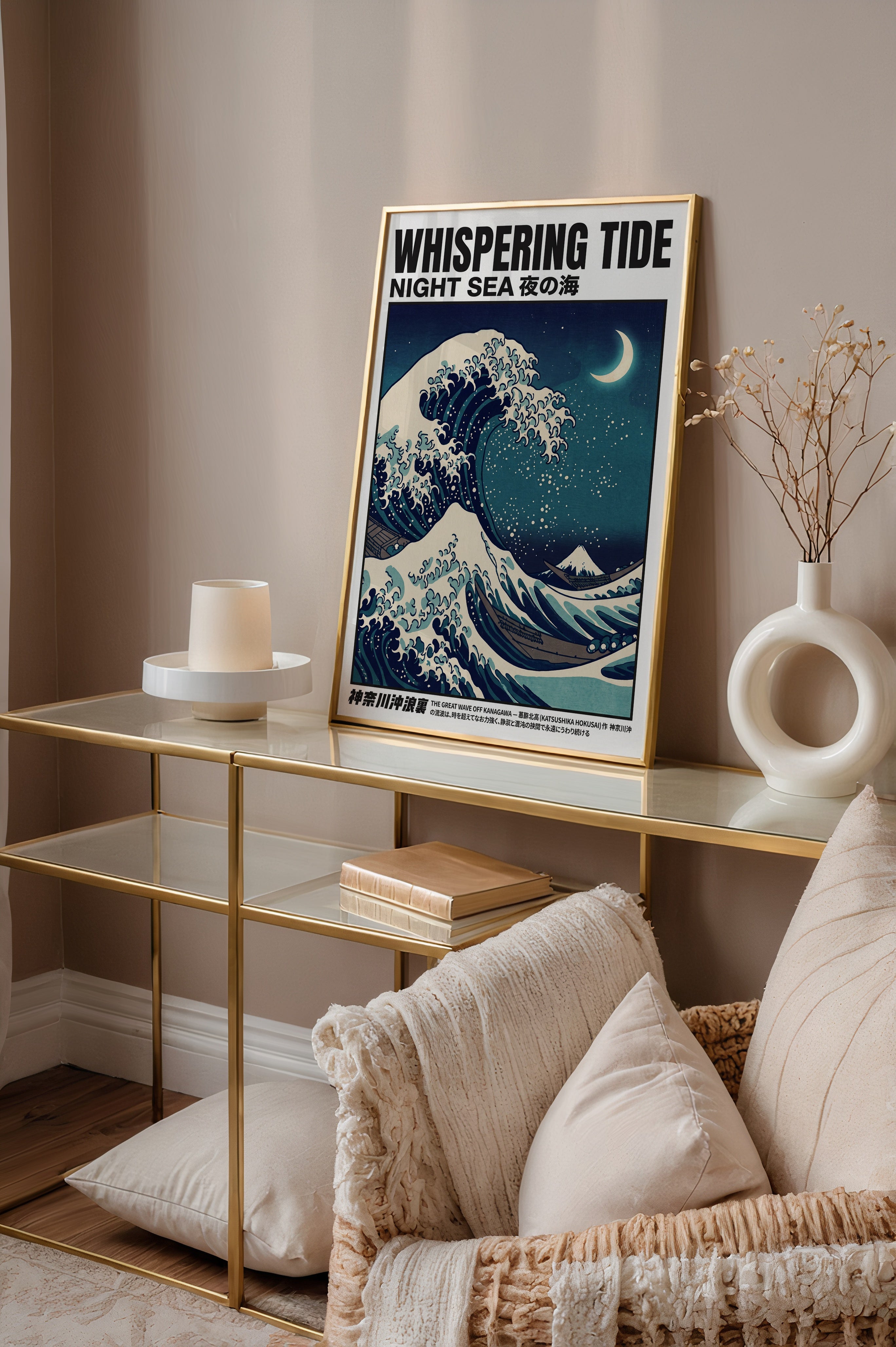 Whispering Tide poster i ram på byrå i ljust skandinaviskt vardagsrum